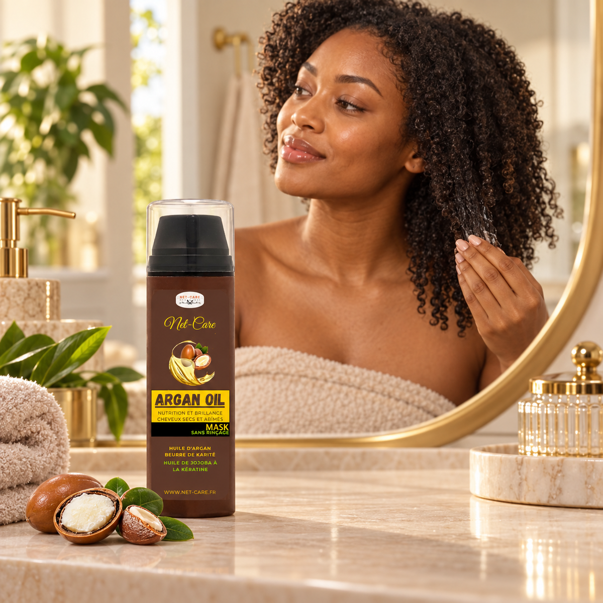 Mascarilla sin aclarado Argan Oil aplicada en cabello rizado
