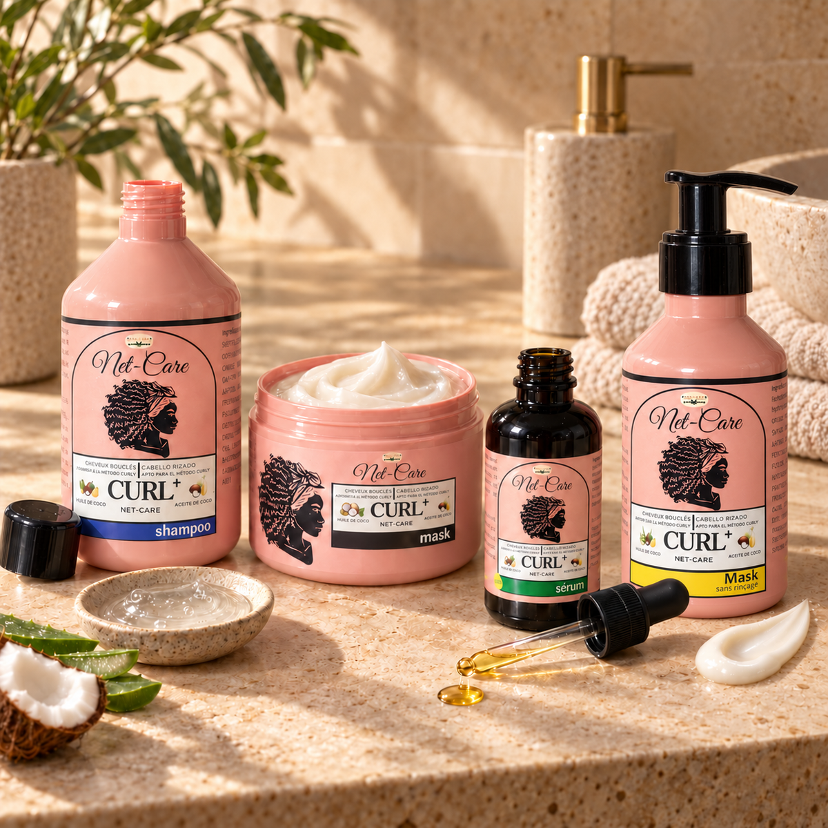 Gama completa CurlyPlus con Mask Sans Rinçage en su forma y proporciones correctas