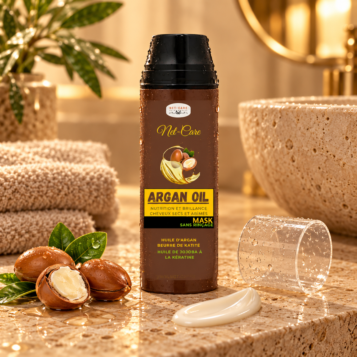 Mascarilla sin aclarado Argan Oil mostrando su textura cremosa