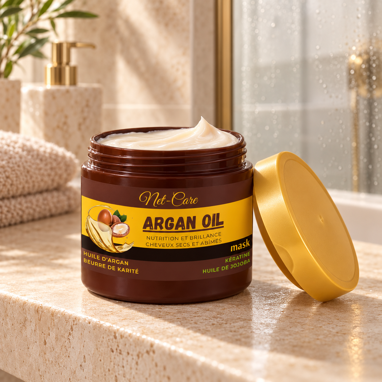 Mascarilla Argan Oil abierta mostrando su textura cremosa