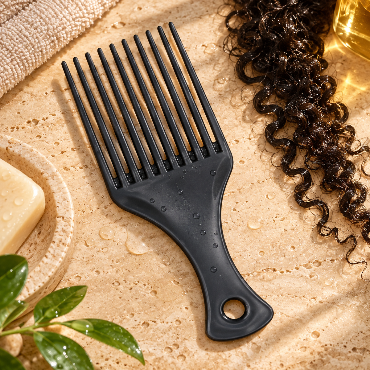 Peine afro Net-Care en detalle sobre una superficie de baño
