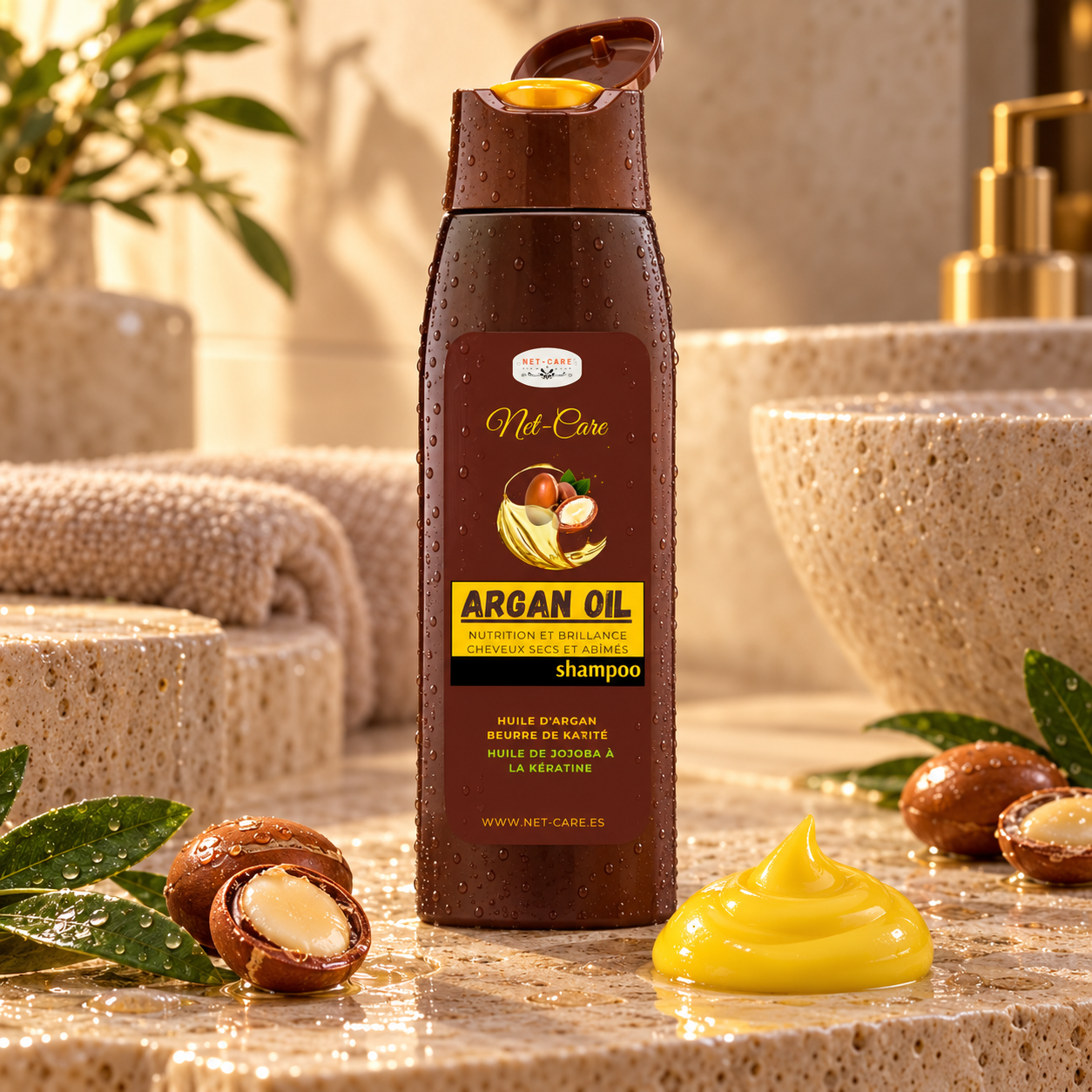 Champú Argan Oil abierto con textura amarilla dorada opaca